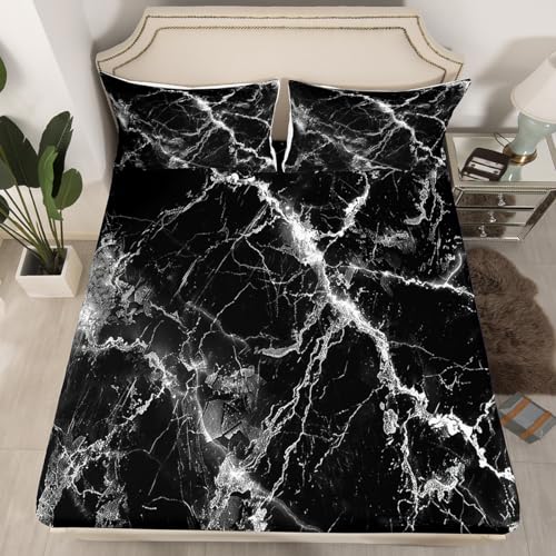 Erosebridal Black Marble Fitted Sheet Twin Size, Artwork Stone Pattern Bedding Set for Kids Teens Adult Women Bedroom, Modern Marble Texture Bed Sheets Black White Soft Microfiber Sheets - color: Black White, size: Twin