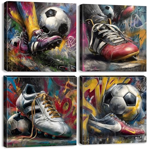 Vintage Sneaker Wall Art Soccer Wall Decor for Boys Room Colorful Graffiti Sports Picture Kids Toddler Playroom Canvas Prints, 4 Pieces Rustic Modern Abstract Football Artwork Home Decorations 12x12" - color: Football, size: 12"l X 12"w