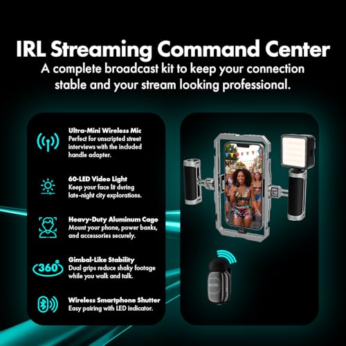 Movo IRL-PRO Wireless Vlogging & Streaming Kit for IRL Streamers – Dual Lav Mics, Stabilizer Cage, LED Light & Cold Shoe Mounts – Mobile Live Streaming Rig for Twitch, Kick & YouTube Live
