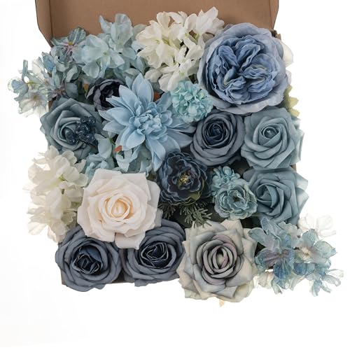 Artificial Flowers Combo Box Set Dusty Blue Flowers for DIY Wedding Bouquet Arrangements Bridal Shower Party Home Decorations(White Blue Rose) - color: White/Blue
