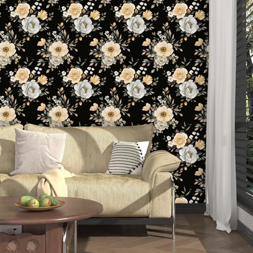 Laatse Black Floral Wallpaper Peel and Stick Vintage Rose Contact Paper 17.5"X118" Vinyl Waterproof Self Adhesive Removable Dark Botanical Print Wall Paper for Bedroom Living Room Cabinets - color: Black / Yellow, size: 17.5" x 118"