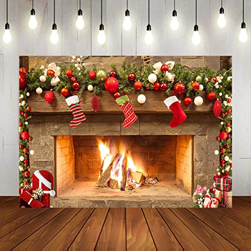 Mocsicka Christmas Fireplace Theme Backdrop for Photography Xmas Tree Sock Gift Family Party Decorations Wallpaper Winter Christmas Birthday Holiday Banner Studio Booth (8x6ft) - size: 8x6ft