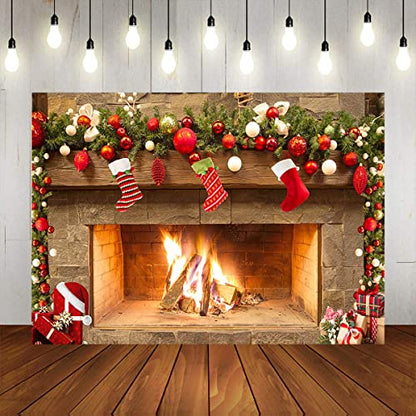 Mocsicka Christmas Fireplace Theme Backdrop for Photography Xmas Tree Sock Gift Family Party Decorations Wallpaper Winter Christmas Birthday Holiday Banner Studio Booth (10x6.5ft) - size: 10x6.5ft