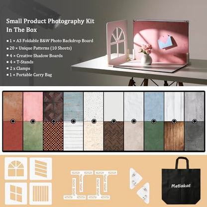 Food Photography Backdrops with Shadow Boards, 10Pcs Double-Sided Photo Background Paper (20 Patterns), Tabletop Small Product Shooting Kit with T-Stand & Clamps for Jewelry, Cosmetics