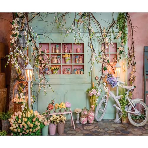 12x10ft Flower Shop Backdrop for Photography Bicycle Tulip Blossom Branches Green Florist Background Baby Shower Wedding Birthday Party Decor Kids Adults Portraits Photoshoot Photo Booth Props - size: 12x10ft