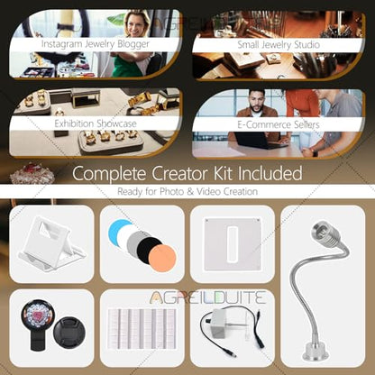 Pro Jewelry Photography Box Kit - Mini Photo Studio with 4 Dimmable Lights, Adjustable Speed Turntable & 360° Rotating Rack for Stunning Jewelry Photos & Accessories TB30