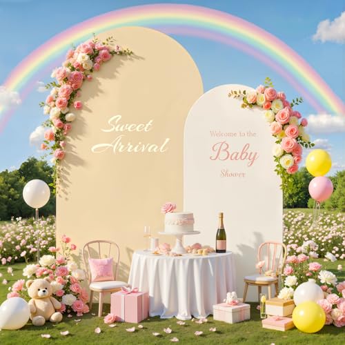 7.2FT 6FT Arch Backdrop Cover for Wedding, Set of 2 Stretchy Spandex Fitted Arch Stand Cover for Baby Shower, Birthday Party Decor, Chiara Backdrop Cover with Double-Sided Design(Ivory,Champagne) - color: Ivory+Champagne