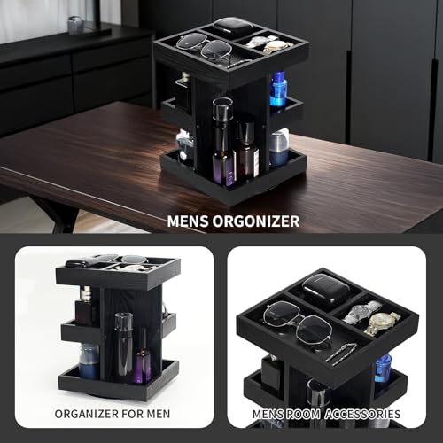 Cologne Organizer for Men, 3-Tier Rotating Cologne Stand with Non-Slip Pads, Large Capacity Wood Perfume Shelf for Desk & Nightstand, Gifts for Men Husband Birthday (Black)