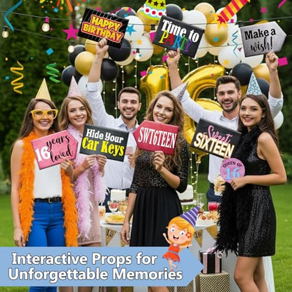 Beeveer 24 Design 16th Arrow Photo Booth Props 16th Birthday Party Decorations PVC Photo Booth Sign Double Sided for Birthday Party Supplies, Decorations and Favors - style: Birthday