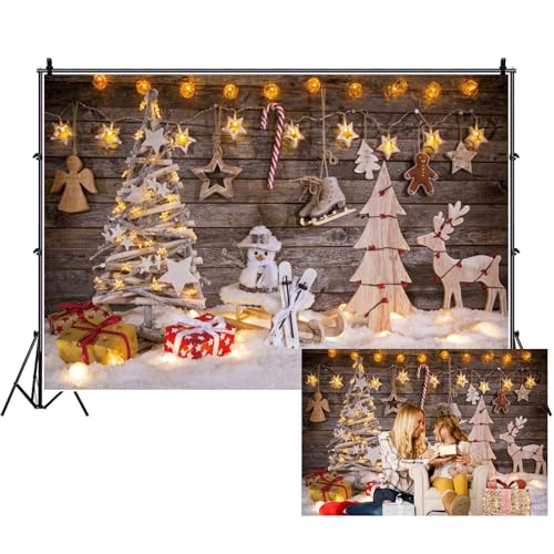 Renaiss 7x5ft Christmas Theme Backdrop Christmas Trees Snowman Deer Gift Box Snow Hanging Ornament Lights Photo Background Wooden Wall Photography Winter Xmas New Year Festival Family Party Banner - color: WSNZY08321, size: 7x5ft