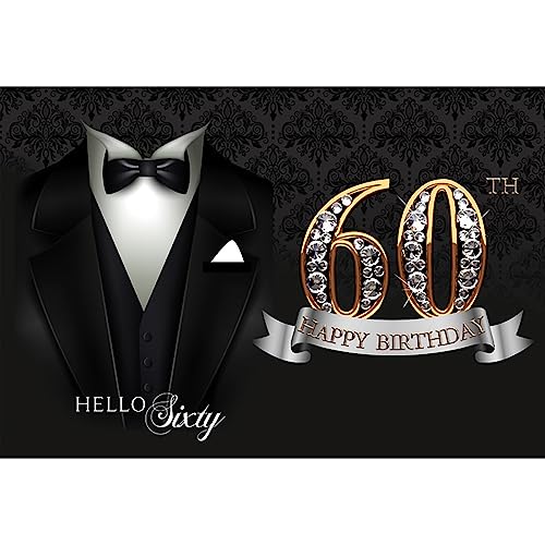 5x3ft Men 60th Birthday Backdrop Black Necktie Suit Tuxedo Diamonds Gold 60th Happy Birthday Photography Background Hello Sixty Birthday Party Supplies Cake Table Banner Photo Booth Props - color: black gold 60, size: 5x3ft
