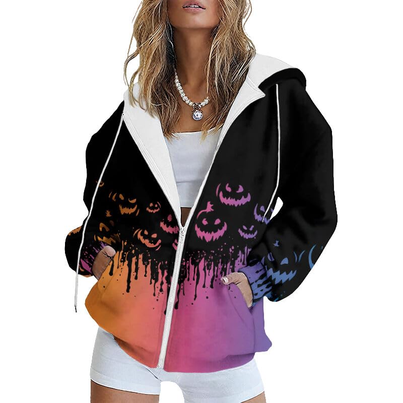 ZOCANIA Women's Sweatshirts Zip Up Hoodie Womens Halloween Long Sleeve Shirts Drawstring Lightweight Hoodies for Women - color: Art B, size: Large