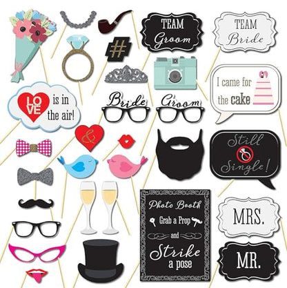 31 Pcs Wedding Photo Booth Props with Sticks,Funny Party Selfie Accessories for Bridal Shower, Bachelorette, Valentine's Day, Birthday & Graduation Decorations