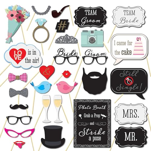 31 Pcs Wedding Photo Booth Props with Sticks,Funny Party Selfie Accessories for Bridal Shower, Bachelorette, Valentine's Day, Birthday & Graduation Decorations