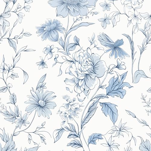Vinjiasin Peel and Stick Wallpaper Blue Floral Contact Paper Flower Leaf Boho Self Adhesive Removable Wall Paper for Bathroom Bedroom Nursery 17.3'' X 197'' - color: Blue&White, size: 17.3" x 197"