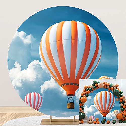 Orange and White Striped Hot Air Balloon Round Backdrop Cover 7.2x7.2ft Polyester Blue Sky White Clouds Photography Backdrop for Kids Birthday Party Newborn Baby Baby Shower Portrait Decor Prop - color: Orange, size: 7.2x7.2ft-Diameter