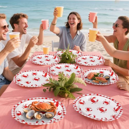 Grencian 50Pcs Crab Boil Oval Paper Plates 10"×12" Large Red Gingham Crab Party Plates Disposable Heavy Duty Summer Seafood Boil Party Supplies for BBQ Picnic Cookout Gathering Carnival Birthday Decor - style: Crab Oval Plates
