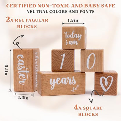 Monthly Baby Milestone Blocks Set of 6 Baby Age Blocks for Monthly Milestone Baby Age Milestone Signs Wooden Baby Photo Props Set Perfect for Baby Shower and Keepsake (Gift Set 6 PCS) - color: wood color 6pcs