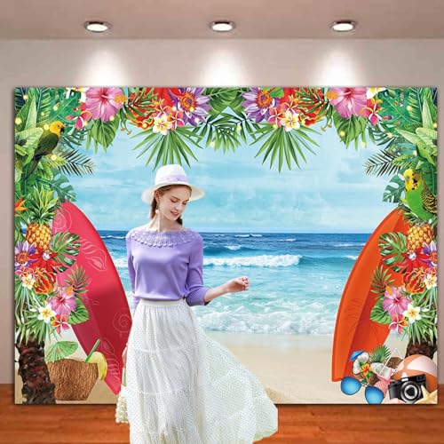 HQM 10X8FT Summer Tropical Beach Theme Photo Background Beach Conch Hawaii Blue Sea Flower Children Birthday Luau Party Photography Backdrop Cake Table Decor Supplie - size: 10x8 FT