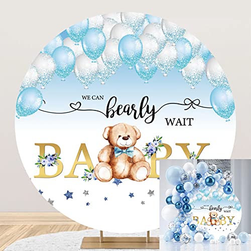 Boy Baby Shower Round Backdrop Cover 5x5ft Polyester We Can Bearly Wait Baby Photo Background Blue Balloons Newborn Announce Pregnancy Party Decorations Supplies Cake Table Portrait Props - color: Blue01, size: 5x5ft-Diameter