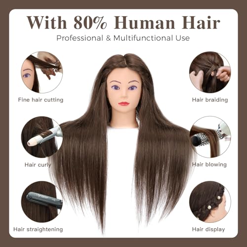 28" Mannequin Head with 80% Real Hair,Cosmetology Manikin Practice Doll Head,Braiding Head with Tripod Stand with Table Clamp + DIY Hair Styling Set #4 - color: Drak Brown#4