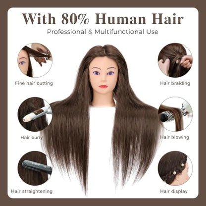28" Mannequin Head with 80% Real Hair,Cosmetology Manikin Practice Doll Head,Braiding Head with Tripod Stand with Table Clamp + DIY Hair Styling Set #4 - color: Drak Brown#4