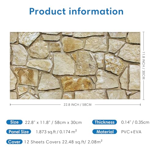 COMSTICKC 3D Faux Stone Wall Panels Peel and Stick, 12 Pcs 22.8" x 11.8", DIY UrltraLight PVC Fake Stone Textured Self Adhesive Wall Panels for Kitchen, Living Room Background, Covers 22.48 sq.ft - color: Brown Stone