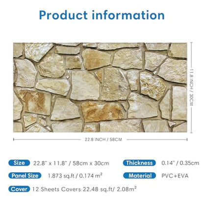 COMSTICKC 3D Faux Stone Wall Panels Peel and Stick, 12 Pcs 22.8" x 11.8", DIY UrltraLight PVC Fake Stone Textured Self Adhesive Wall Panels for Kitchen, Living Room Background, Covers 22.48 sq.ft - color: Brown Stone