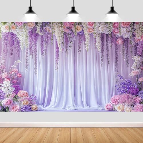 5X3ft Purple Flower Wall Backdrop Romantic Floral Wedding Photography Background for Wedding Bridal Shower Anniversary Girls Birthday Decor Photo Studio Props Wall Decor Banner - color: Purple, size: 5X3FT