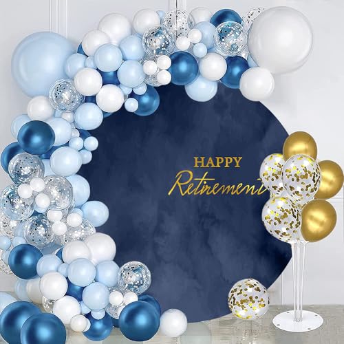 7x7ft Polyester Happy Retirement Round Backdrop Cover Navy Blue Marble Texture Photography Background for Men Retirement Party Decor Banner Photo Booth Props - size: 7x7ft-Diameter