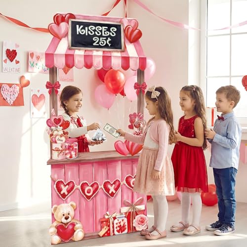 WovWeave Valentine's Day Kissing Booth Backdrop 71x35 Inch - Romantic Red Pink Heart Photography Background for Couples, Large Fabric Love Banner for Party Decorations, Indoor Outdoor Selfie Props - style: Valentine