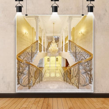 Leowefowa 5x5ft Luxurious Palace Backdrop Crystal Chandelier Staircase Carved White Pillars Marble Floor Backdrops for Photography Interior Vinyl Photo Background Wedding Ceremony Studio Props - size: 5x5ft