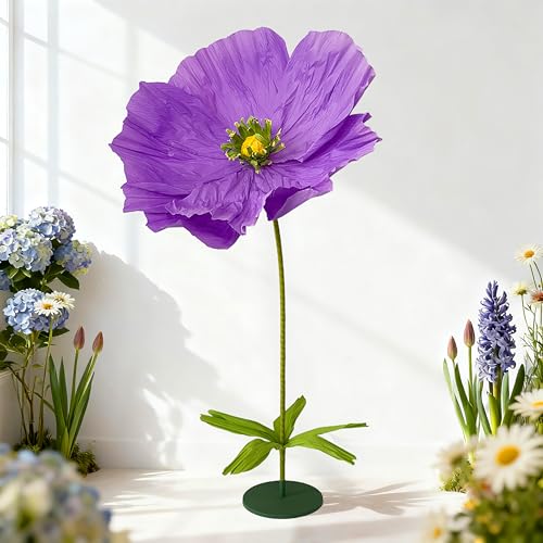 Giant Crepe Paper Flowers,5.8ft Large Paper Poppy Flowers with Base,Oversized Artistic Paper Floral Decor for Wedding,Photography Props (Puple, Standing Flower with Base 1 Piece) - color: Puple