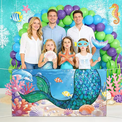 Mermaid Birthday Party Decorations Under the Sea Banner Backdrop Mermaid Tail Photography Background Ocean Theme Photo Props for Summer Girls Princess Birthday Indoor Outdoor Party Decoration Supplies