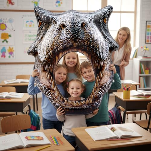 Colingmill Dino Themed Photo Backdrop Dinosaur Head Photos Frame Inflatable Balloon Decorations Hanging Dinosaur Photo Booth Props for Dino Party Decorations Jungle Safari Birthday Party Supplies - style: Dinosaur