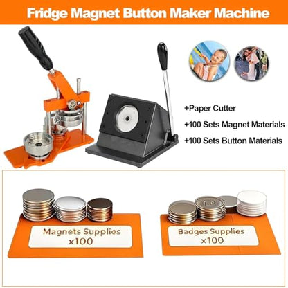 Magnet Maker Machine, Round Badge Pin Button Presser with Paper Cutter + 100 Sets Magnets Making Supplies + 100 Sets Badge Making Supplies + 100pcs Photo Paper 1.73x1.73in/44x44mm - size: 1.73x1.73in/44x44mm