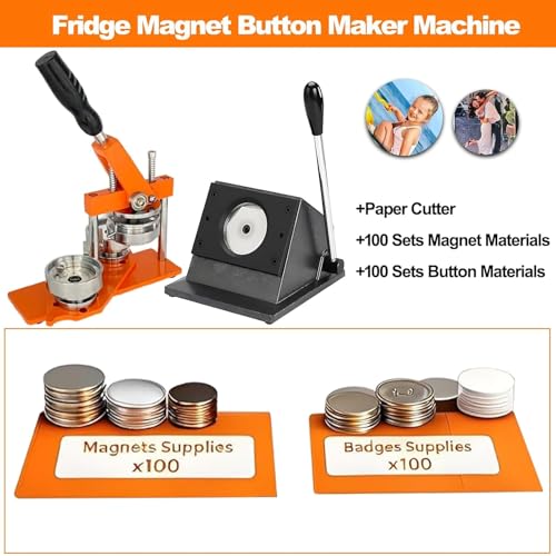 Magnet Maker Machine, Round Badge Pin Button Presser with Paper Cutter + 100 Sets Magnets Making Supplies + 100 Sets Badge Making Supplies + 100pcs Photo Paper 1.26x1.26in/32x32mm - size: 1.26x1.26in/32x32mm