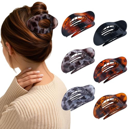 AWAYTR Flat Hair Clips For Women 4.33" Lay Flat Claw Clip for Hair 6Pcs Round Large Hair Claw Clips (Glossy - Leopard Series) - color: Glossy - Leopard Series