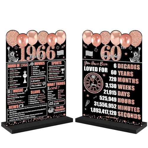 Guiruiy Rose Gold 60th Birthday Decorations for Women, Two-Sided Vintage 60 Back in 1966 Theme Poster Wooden Table Sign with Stand, Sixty Years Old Bday Centerpieces Display Holder for Table Decor - style: Rose Gold 60th