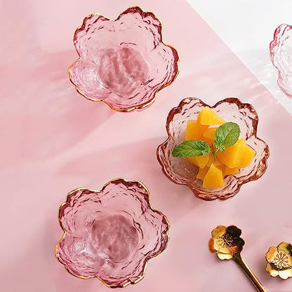 4 Pack Sakura Sauce Dishes Set, Pink Cherry Flower Crystal Glass Appetizer Plates Dipping Bowls Tasting Dishes Serving Dish Seasoning Saucers Bowl Little Bowls Ice Cream Snack Sushi Soy Condiment Dish - color: Glass Sakura Gold Rim