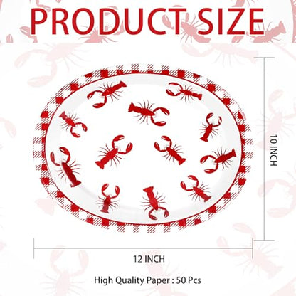 Grencian 50Pcs Crawfish Boil Oval Paper Plates 10" X 12" Disposable Red Grid Pattern Crawfish Party Plates Crawfish Tableware for Lobster BBQ Gathering Picnic Cookout Carnival Birthday Decorations - style: 50Pcs Crawfish Oval Kit
