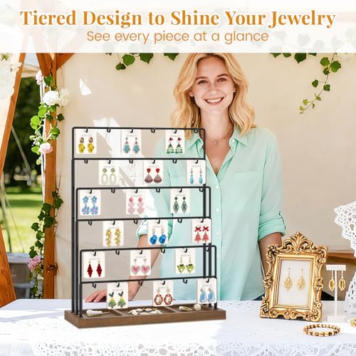 EsLuker.ly Earring Card Display Stand for Vendors Events Selling, Earring Holder Rack Metal 6 Tier 36 Hooks with Wooden Base, Large Capacity Showcase Your Jewelry at Any Event, Black - color: Dark Brown+Black