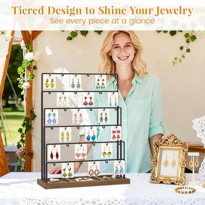 EsLuker.ly Earring Card Display Stand for Vendors Events Selling, Earring Holder Rack Metal 6 Tier 36 Hooks with Wooden Base, Large Capacity Showcase Your Jewelry at Any Event, Black - color: Dark Brown+Black