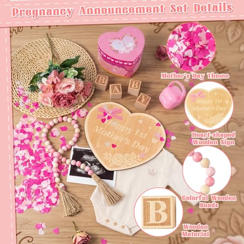 8Pcs Pregnancy Announcement Set for Mother's Day, Baby Reveal Ideas Include Pink Artificial Roses Beads Happy 1st Mother's Day Wooden Sign for Pregnancy Reveal Photo Prop Coming Soon Baby Announcement - color: Pink and White