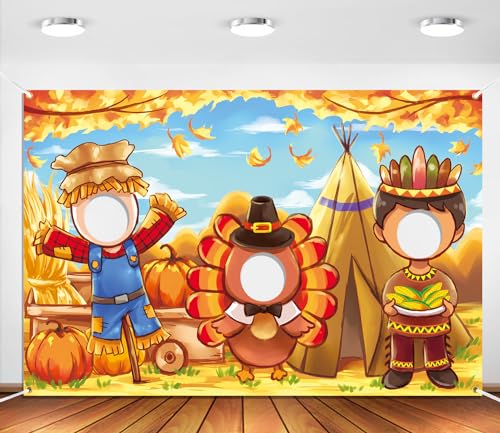 Thanksgiving Face in Hole Backdrop 5 x 3.3 ft, Scarecrow Turkey Indian Face Cutout Photo Props, Friendsgiving Party Photography Background, Fall Festival Turkey Day Decoration Kids Photo Booth Props