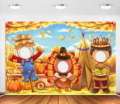 Thanksgiving Face in Hole Backdrop 5 x 3.3 ft, Scarecrow Turkey Indian Face Cutout Photo Props, Friendsgiving Party Photography Background, Fall Festival Turkey Day Decoration Kids Photo Booth Props