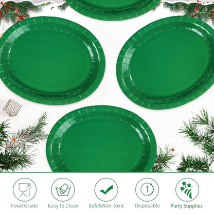 50 PCS Green Oval Paper Plates 10" x 12" Large Graduation Plates Disposable Heavy Duty Green Graduation Paper Plates for Congrats Grad Irish Holiday Party Decorations Supplies - style: Green Oval Plates
