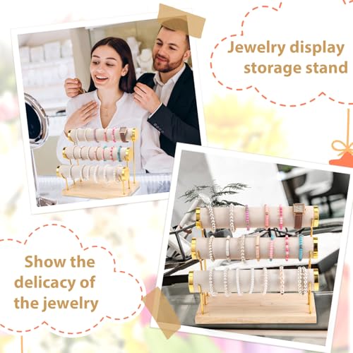 Bracelet Holder Display Stand Bangle Organizer 3 Tier Jewelry Display for Vendors, Gold Jewelry Necklaces Scrunchie Storage Rack with Wood Base