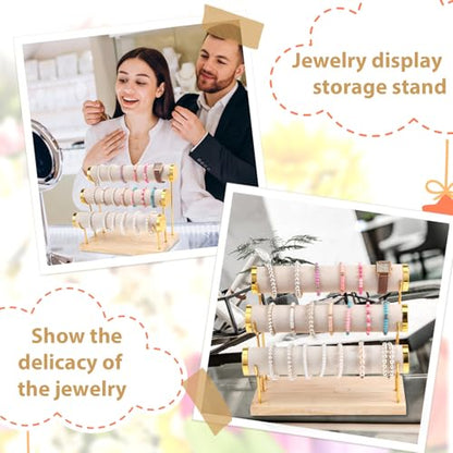 Bracelet Holder Display Stand Bangle Organizer 3 Tier Jewelry Display for Vendors, Gold Jewelry Necklaces Scrunchie Storage Rack with Wood Base