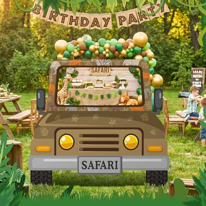 Capoda Safari Truck Photo Backdrop Stand up Cardboard Cutout for Jungle Party Decorations - 60 x 54 Inch Forest Animal Adventure Car Standee with Face Opening for Zoo Birthday Party Family Activity - style: Jungle Safari Car